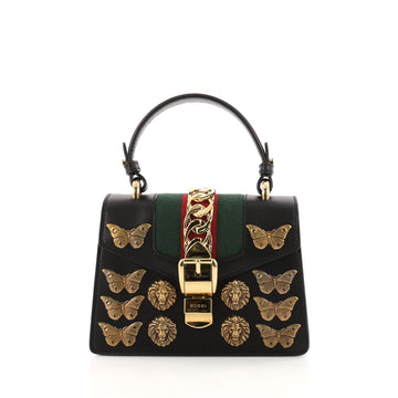 Gucci Sylvie Top Handle Bag Embellished Leather Mini  Black 3242001