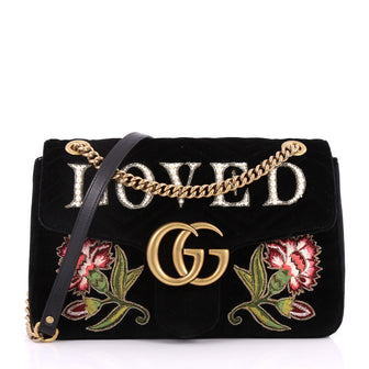 Gucci GG Marmont Flap Bag Embroidered Matelasse Velvet Black 3245702