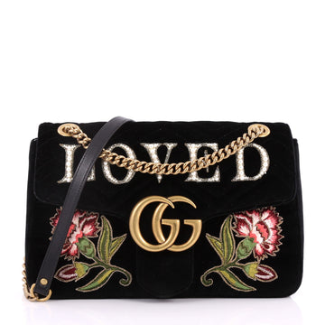  Gucci GG Marmont Flap Bag Embroidered Matelasse Velvet Black 3245702