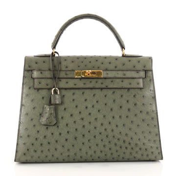 Hermes Kelly Handbag Green Ostrich with Gold Hardware 32 3251002