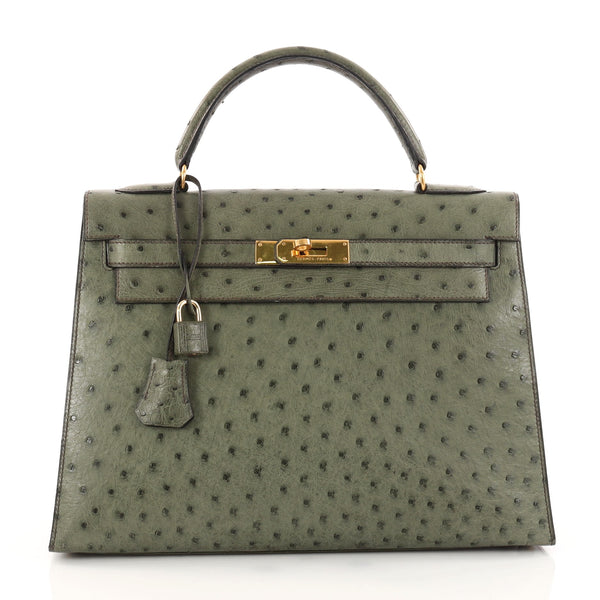 Buy Hermes Kelly Handbag Green Ostrich with Gold Hardware 32 3251002