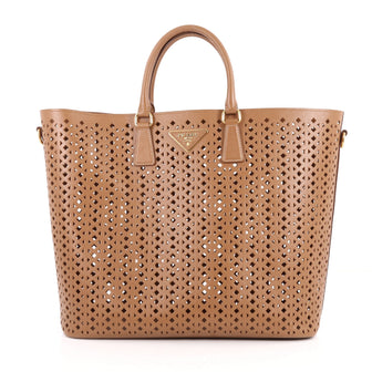 Prada Convertible Open Tote Perforated Saffiano Leather Large Brown 3251201