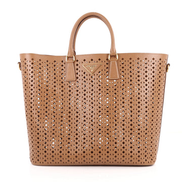 Prada Convertible Open Tote Perforated Saffiano Leather Large Brown 3251201