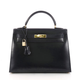 Hermes Kelly Handbag Blue Box Calf with Gold Hardware 32 3253101