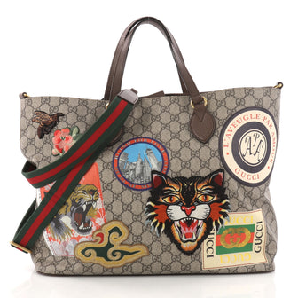 Gucci Convertible Courrier Soft Open Tote GG Coated Canvas with Applique Large Brown 3291201
