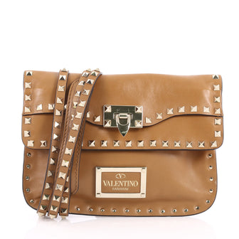 Valentino Rockstud Foldover Convertible Shoulder Bag Leather Brown 3297101