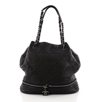 Chanel Vintage Expandable Drawstring Bucket Bag Quilted Leather Medium Black 3298603