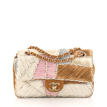 Chanel CC Chain Flap Bag Raffia Patchwork Medium Gold 3300203