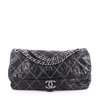 Chanel Double Stitch Flap Bag Quilted Glazed Calfskin Medium Black 3306701
