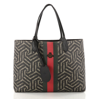Gucci Bee Web Shopping Tote Caleido Print GG Coated Brown 3307803
