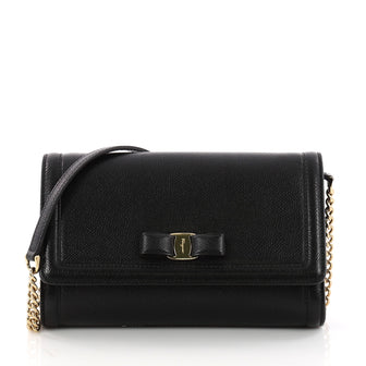  Salvatore Ferragamo Ginny Chain Wallet Saffiano Leather Black 3309002