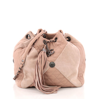 Chanel Patchwork Drawstring Bag Quilted Leather and Suede Small Pink 3320804