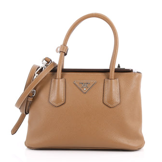 Prada Turnlock Twin Tote Saffiano Leather Mini Brown 3333901