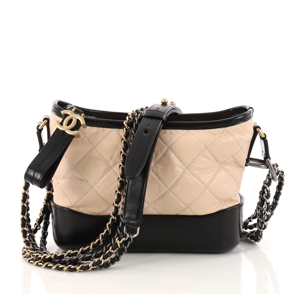 Chanel Aged Calfskin Quilted Small Gabrielle Hobo Beige Black