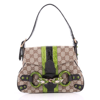 Gucci Jeweled Dragon Bag GG Canvas with Crocodile Small Green 3338502