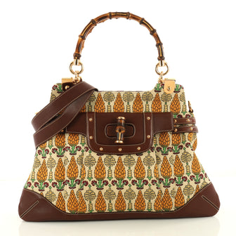 Pop Bamboo Handle Bag Pigna Canvas with Studded Leather Large