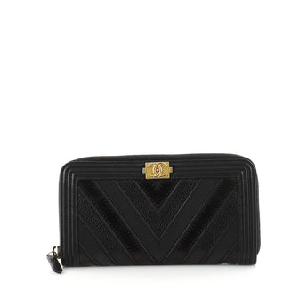 Chanel Boy L-Gusset Zip Wallet Chevron Caviar And Calfskin Long Black 3344501