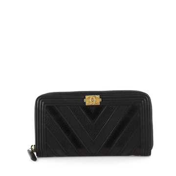 Chanel Boy L-Gusset Zip Wallet Chevron Caviar And Calfskin Long Black 3344501