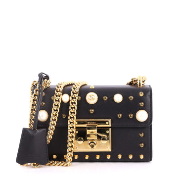 Gucci Pearly Padlock Shoulder Bag Studded Leather Small Black 334870