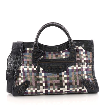  Balenciaga City Classic Studs Handbag Woven Crocodile Blue 3368001