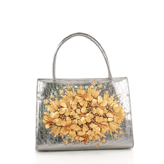 Nancy Gonzalez Frame Satchel Straw Embroidered Crocodile Small Silver 3387502