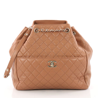 Chanel Drawstring CC Lock Bucket Bag Quilted Lambskin Medium Brown 3390402