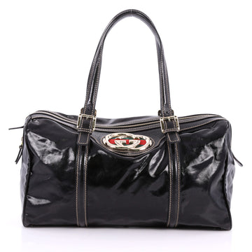 Gucci Britt Web Boston Duffle Bag Dialux Coated Canvas Medium Black 3405103