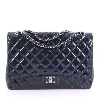 Chanel Classic Double Flap Bag Quilted Patent Maxi Blue 3428402