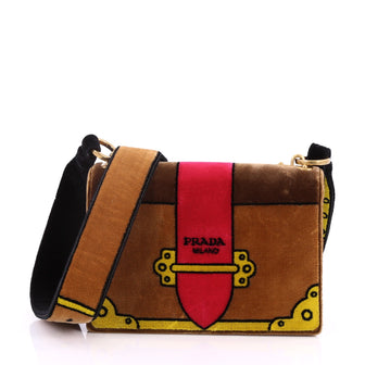 Prada Cahier Crossbody Bag Printed Velvet Small Brown 3429701