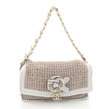 Chanel Camellia Crochet Flap Bag Fabric Small Brown 3430002