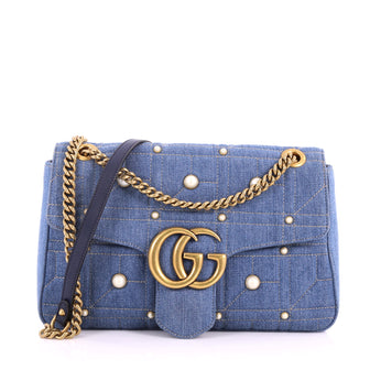 Gucci Pearly GG Marmont Flap Bag Embellished Matelasse Blue 3458201
