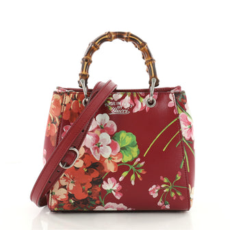 Gucci Bamboo Shopper Tote Blooms Print Leather Mini Red 3464403