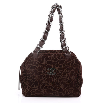 Vintage Camellia Bowling Bag Embossed Suede Small