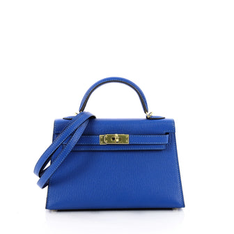 Hermes Kelly Mini II Handbag Blue Chevre Mysore with 3466701