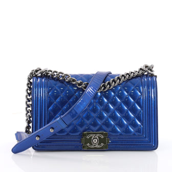 Chanel Boy Flap Bag Quilted Patent Old Medium Blue 3475109