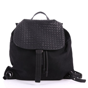 Bottega Veneta Drawstring Flap Backpack Technical Canvas with Intrecciato Leather Large Black 3480501
