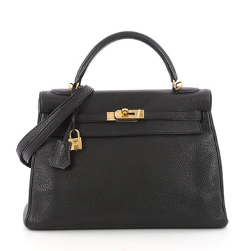 Hermes Kelly Handbag Black Clemence with Gold Hardware 3487901
