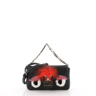Fendi Monster Baguette Leather and Fur Micro Black 3496001