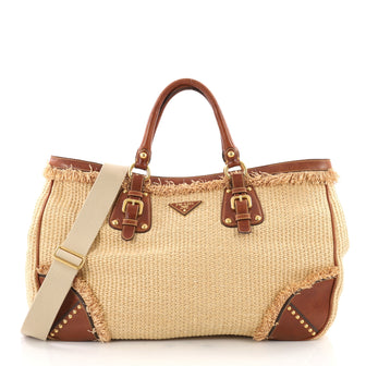 Prada Paglia Tote Raffia with Leather Large Brown 3501104