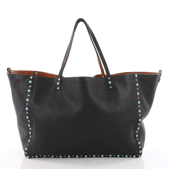 Valentino Rolling Rockstud Reversible Convertible Tote Leather with Cabochons Large Black 3515504