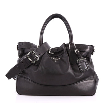 Prada Buckle Pleated Convertible Satchel Soft Calfskin Large Black 3518203
