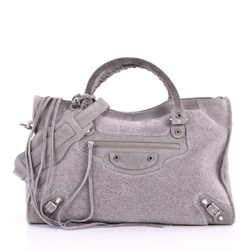 Balenciaga City Classic Studs Handbag Shearling with Suede Medium Gray 3519501