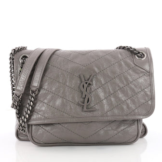 Saint Laurent Niki Chain Flap Bag Matelasse Chevron Leather Medium Gray 3522402