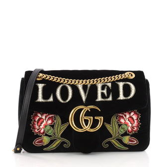  Gucci GG Marmont Flap Bag Embroidered Matelasse Velvet Black 3540201