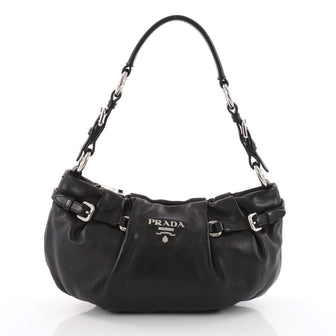 Prada Buckle Pleated Shoulder Bag Soft Calfskin Small Black 3557107
