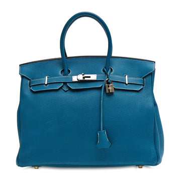 Birkin Handbag Clemence Blue Jean Palladium Hardware 32