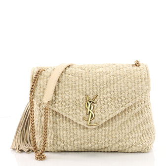 Saint Laurent LouLou Shoulder Bag Matelasse Chevron Raffia Small Neutral 3574915