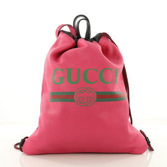 Gucci Logo Drawstring Backpack Printed Leather Large Pink 3585401