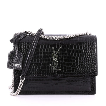 Saint Laurent Sunset Crossbody Bag Crocodile Embossed Black 3587401