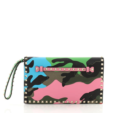 Valentino Rockstud Flap Clutch Camo Leather and Canvas Green 3611602